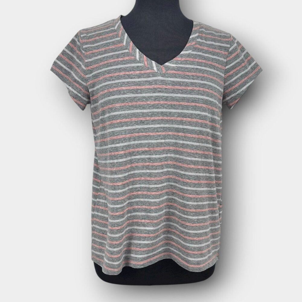 Cable & Gauge Striped V-Neck Tee M Pink White Grey Heathered Horizontal Stripes